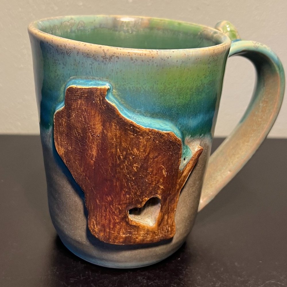 Handcrafted Wisconsin Pottery Mug  w/ Embossed State Map  by BEEB'S CREATIVE